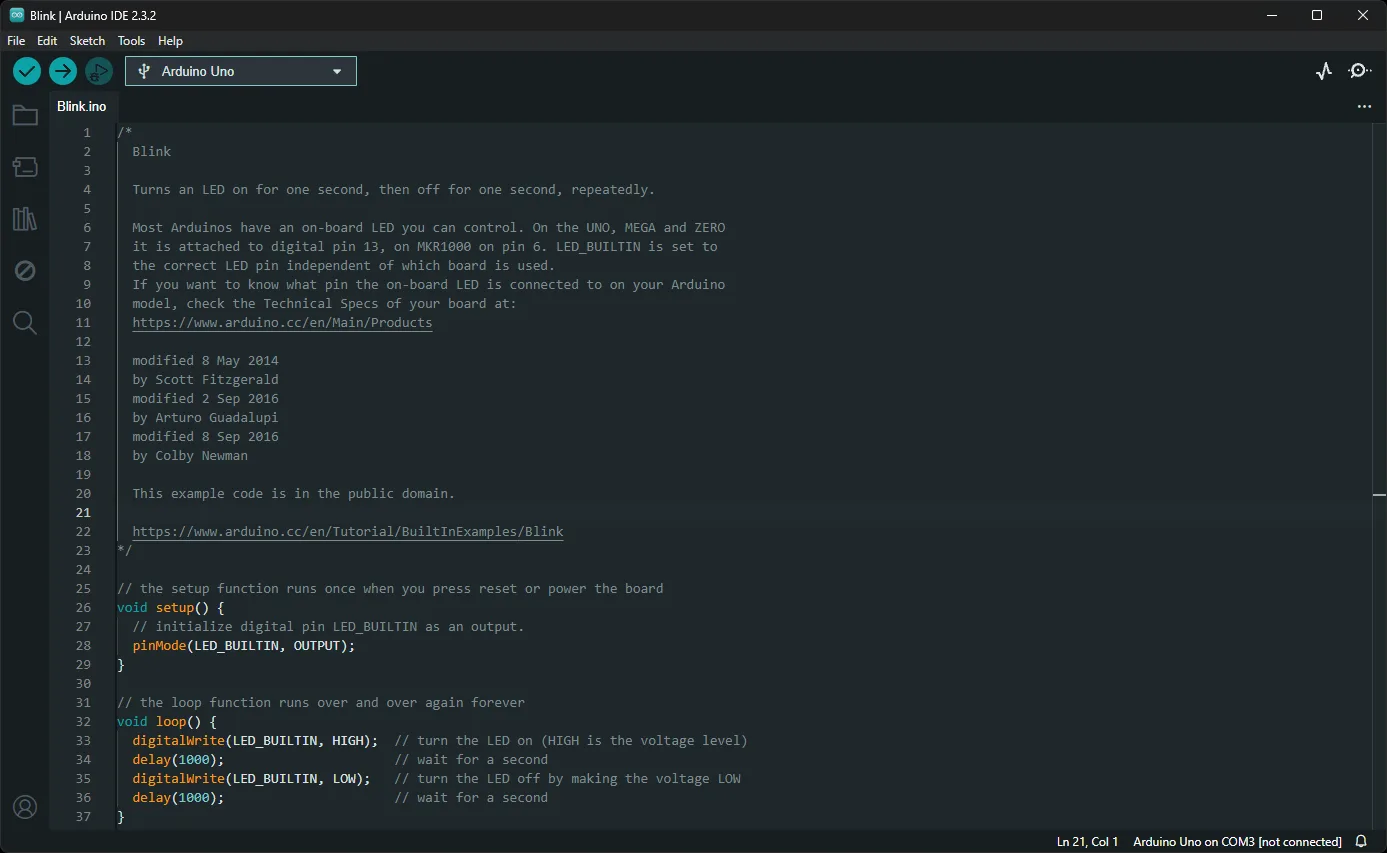 Arduino IDE 2 editing the Blink sketch