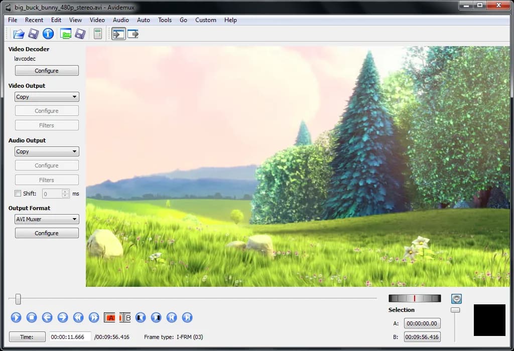 Avidemux with Big Buck Bunny loaded