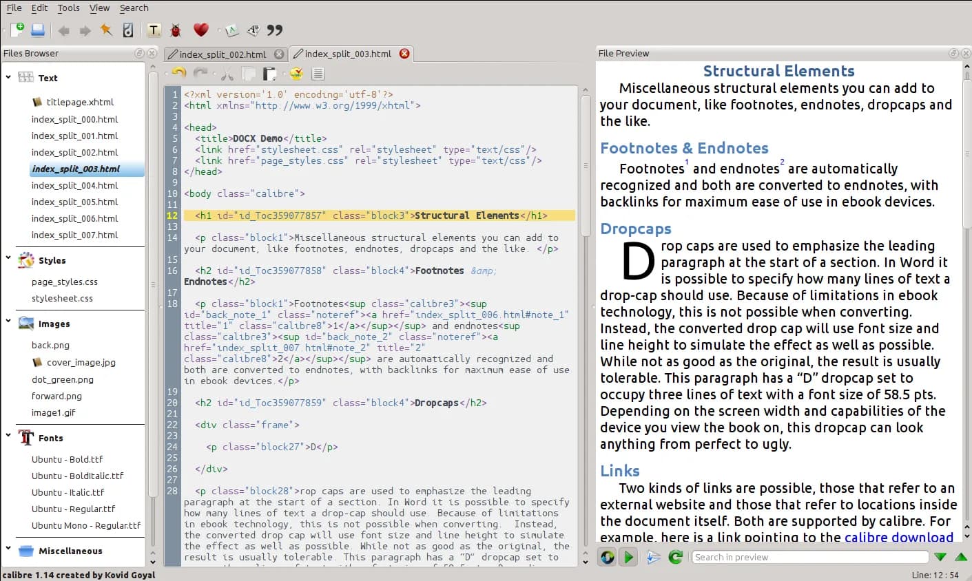 calibre's e-book editor with code and live preview
