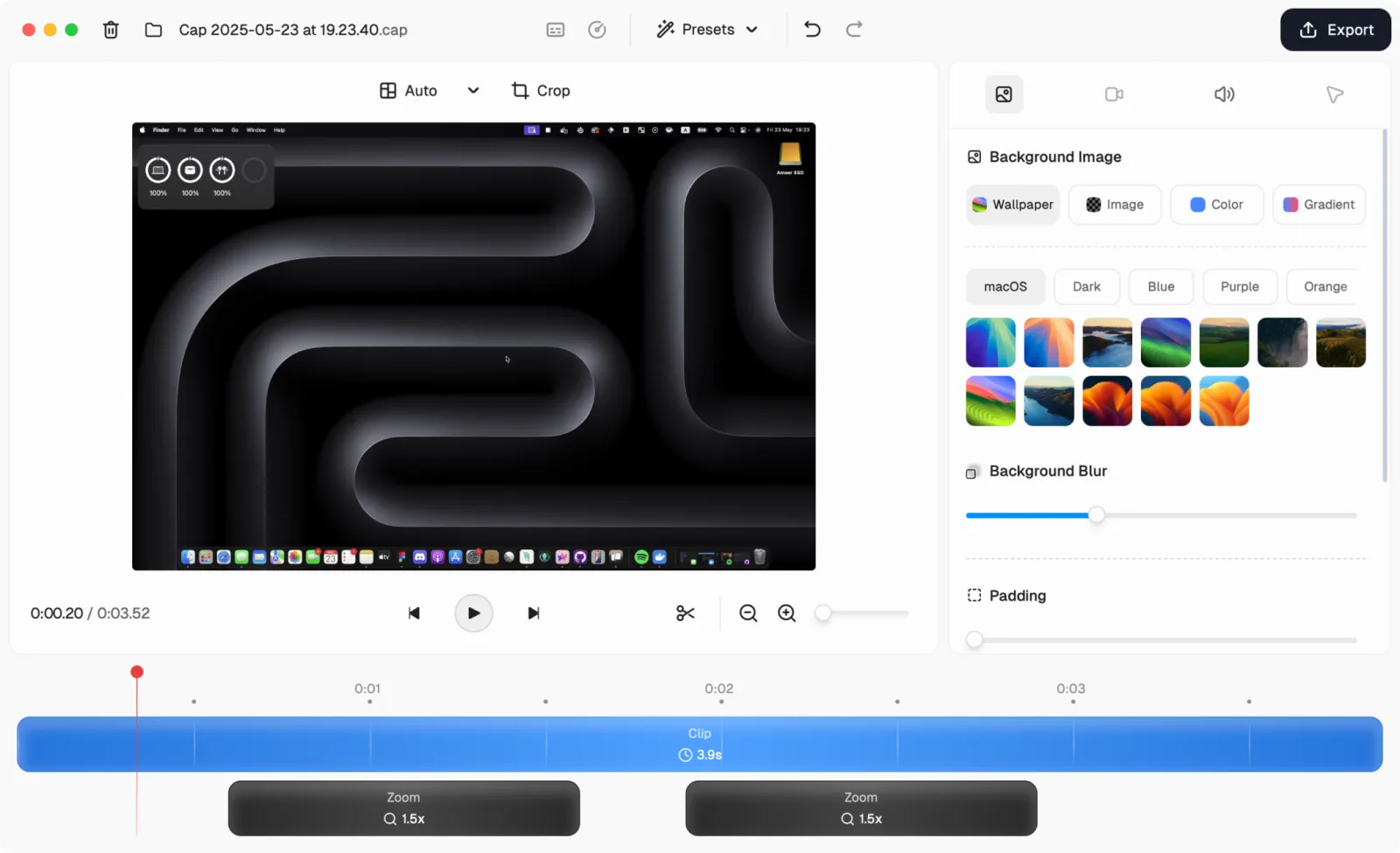 Cap's recording editor with background and zoom settings
