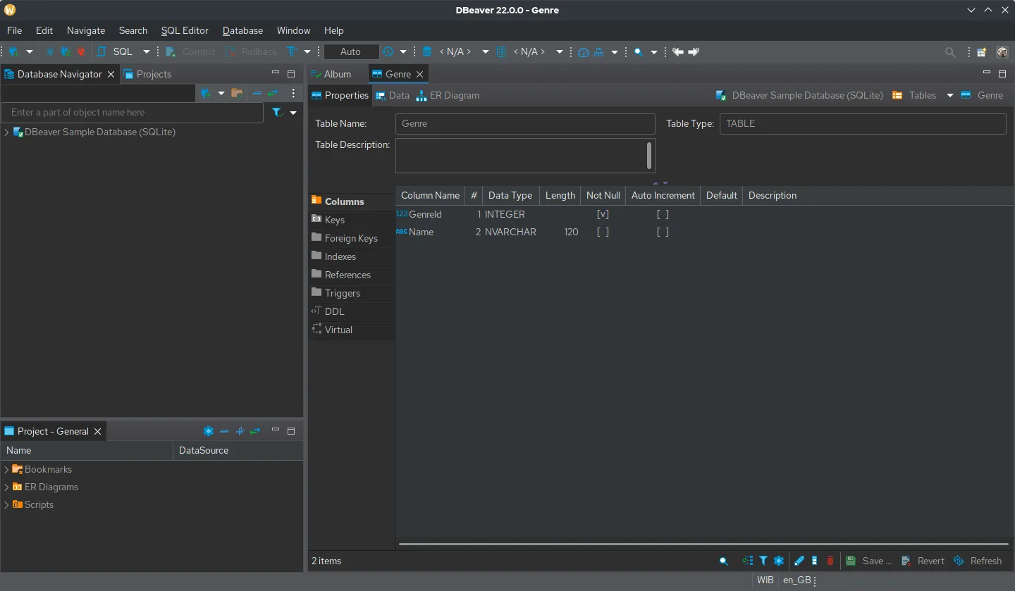 DBeaver showing a database table's columns