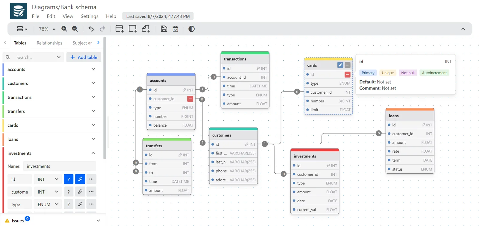 drawDB editing a database schema diagram