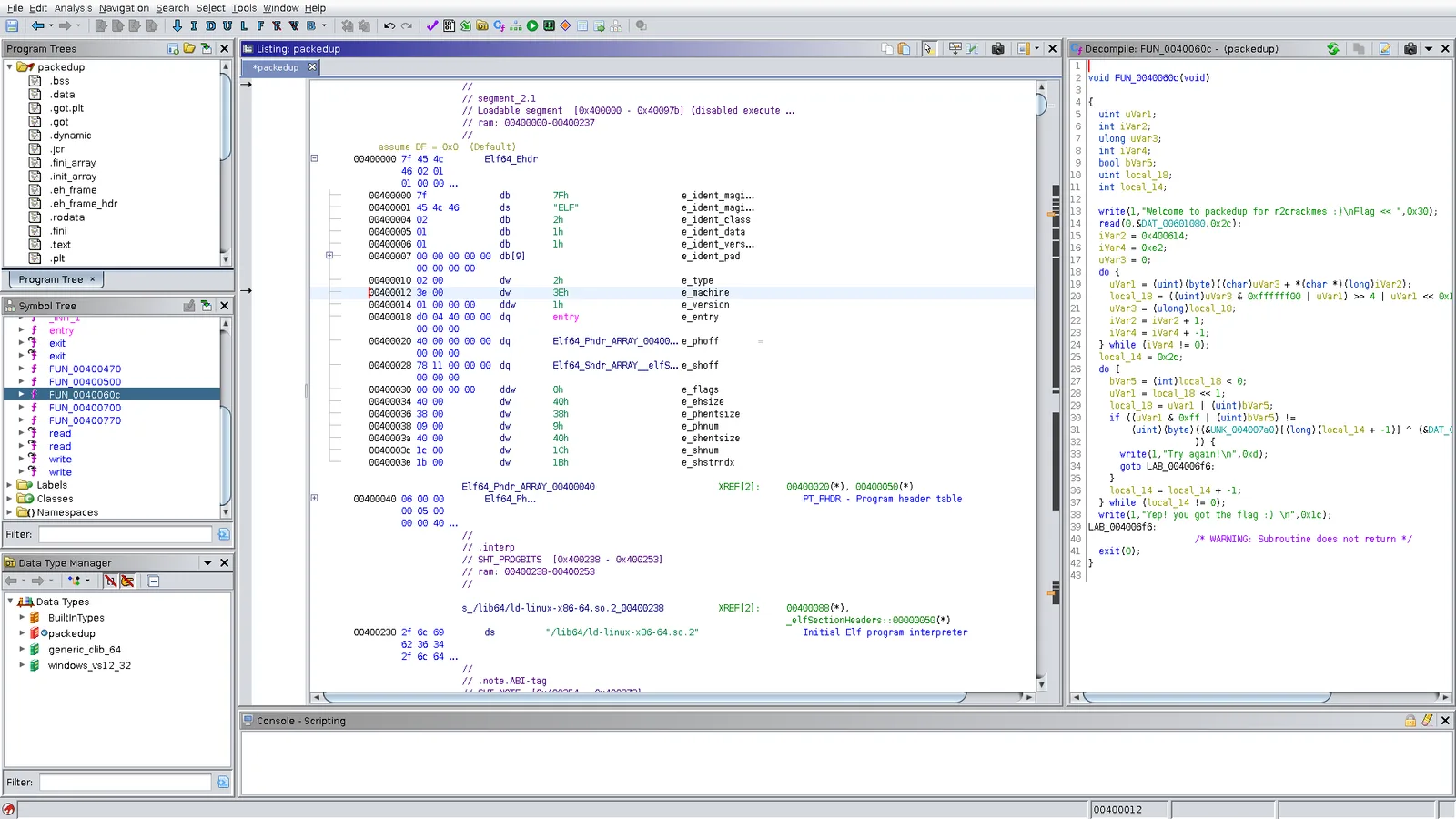 Ghidra disassembly and decompiler views