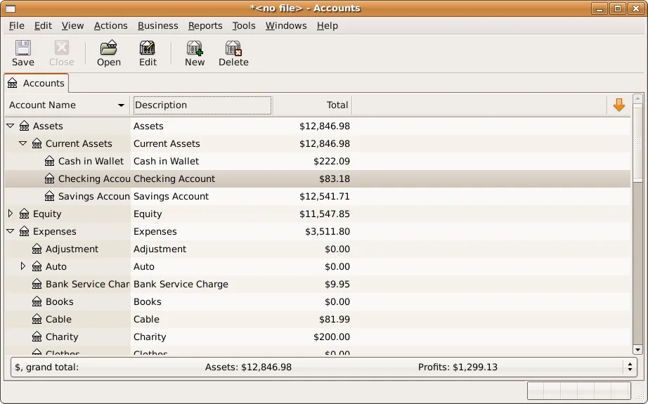 GnuCash account tree with balances