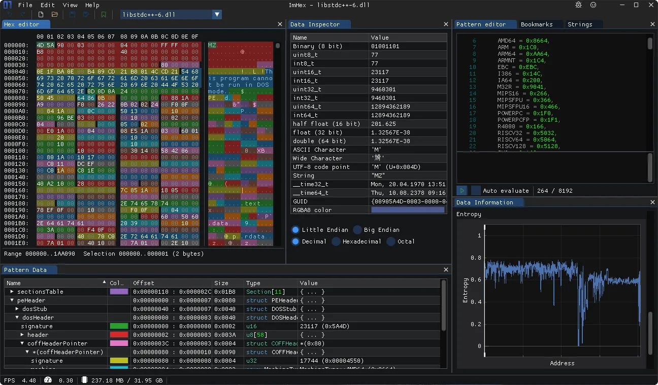ImHex hex editor with pattern data and entropy graph
