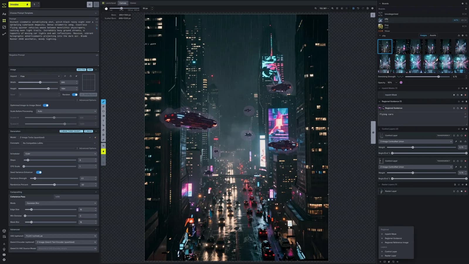 InvokeAI canvas generating a city scene