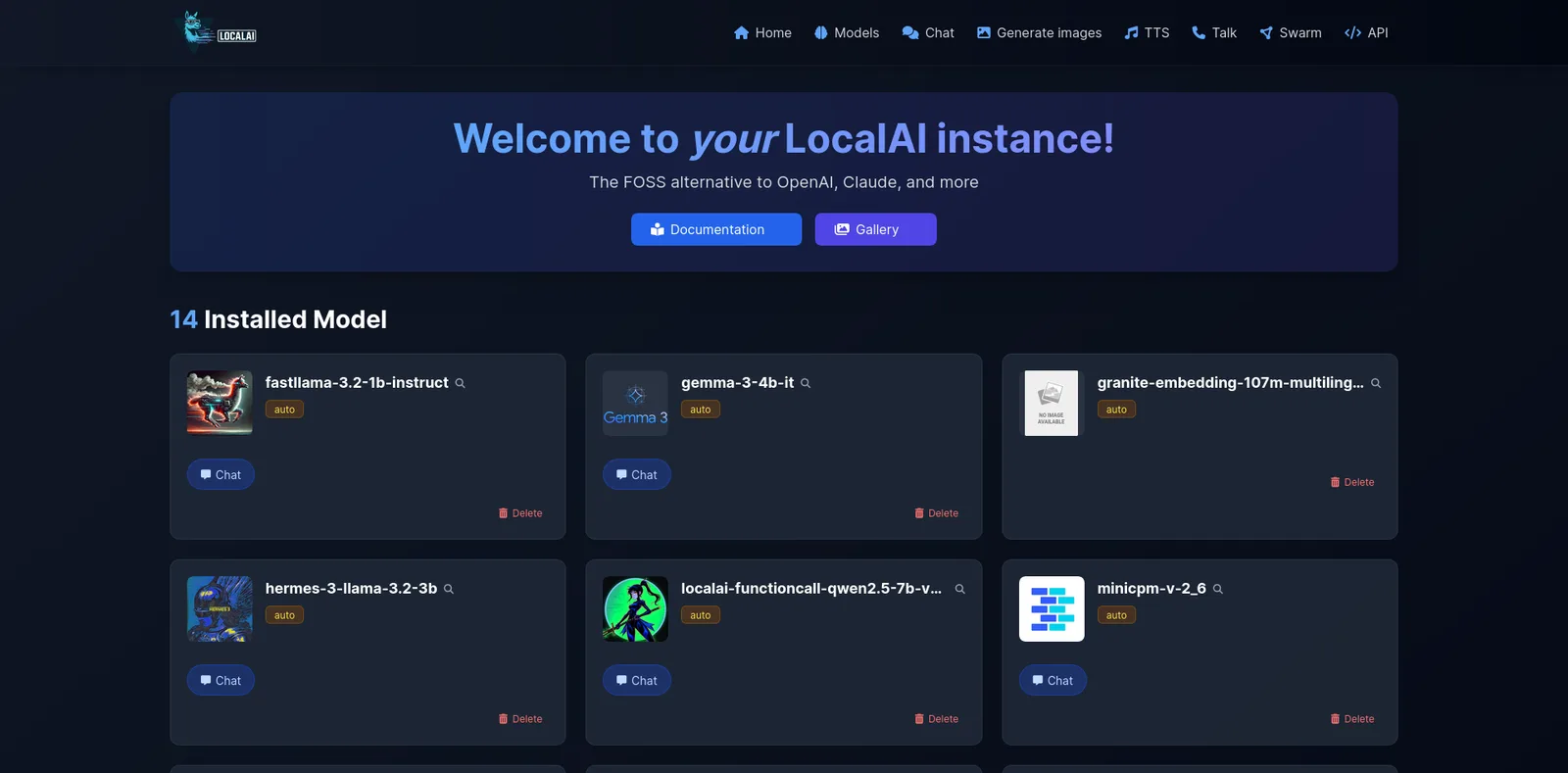LocalAI web UI home with installed models