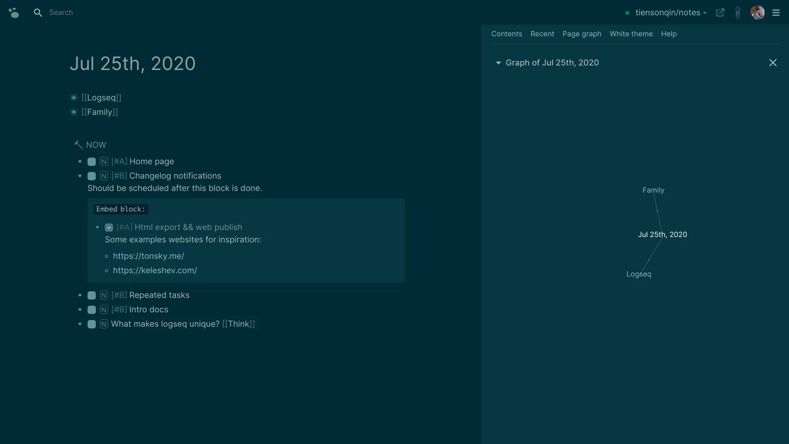 Logseq journal page with an outline