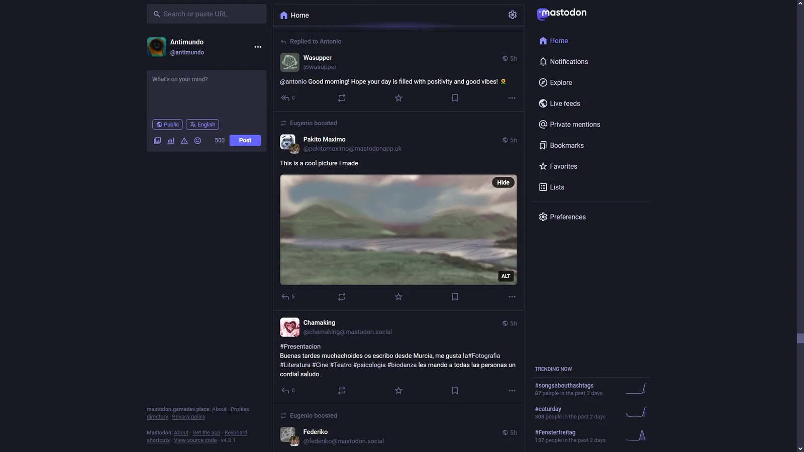 Mastodon web app home timeline