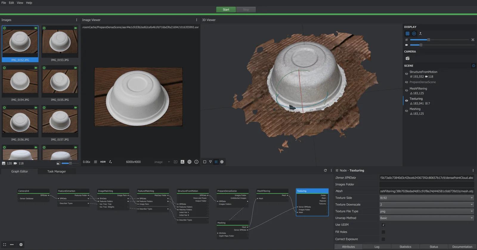 Meshroom reconstructing a 3D model from photos
