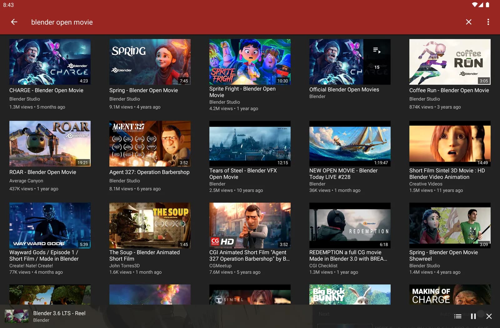 NewPipe on a tablet searching Blender open movies