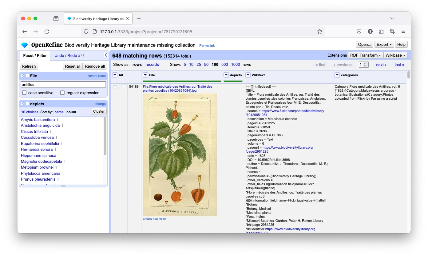 OpenRefine cleaning a Biodiversity Heritage Library dataset