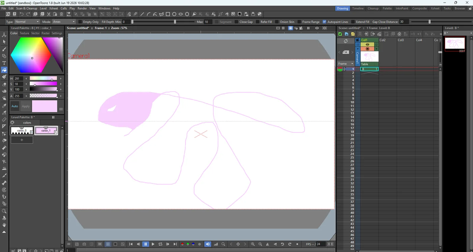 OpenToonz drawing a sketch on the canvas