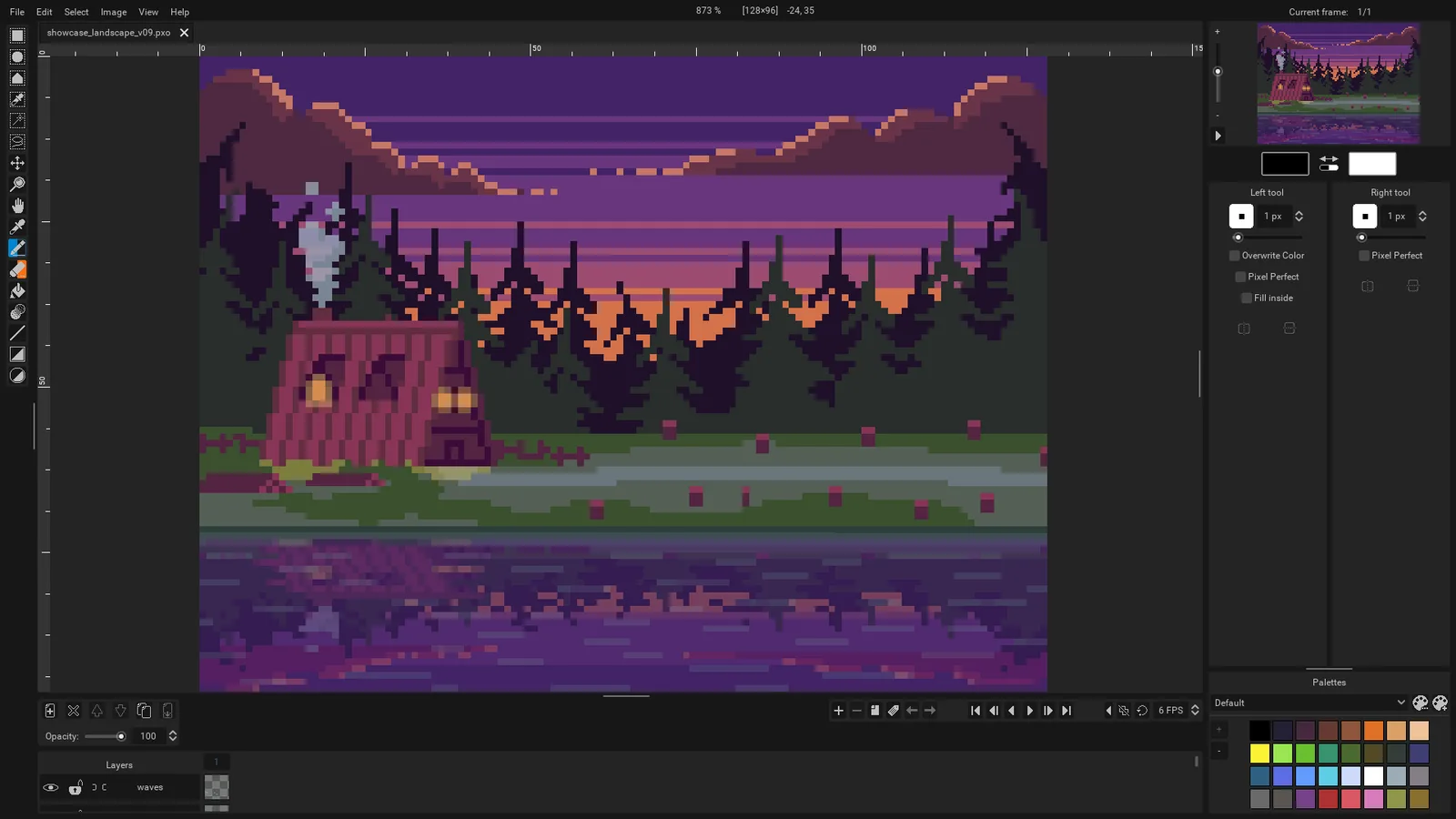 Pixelorama editing pixel art of a cabin at sunset