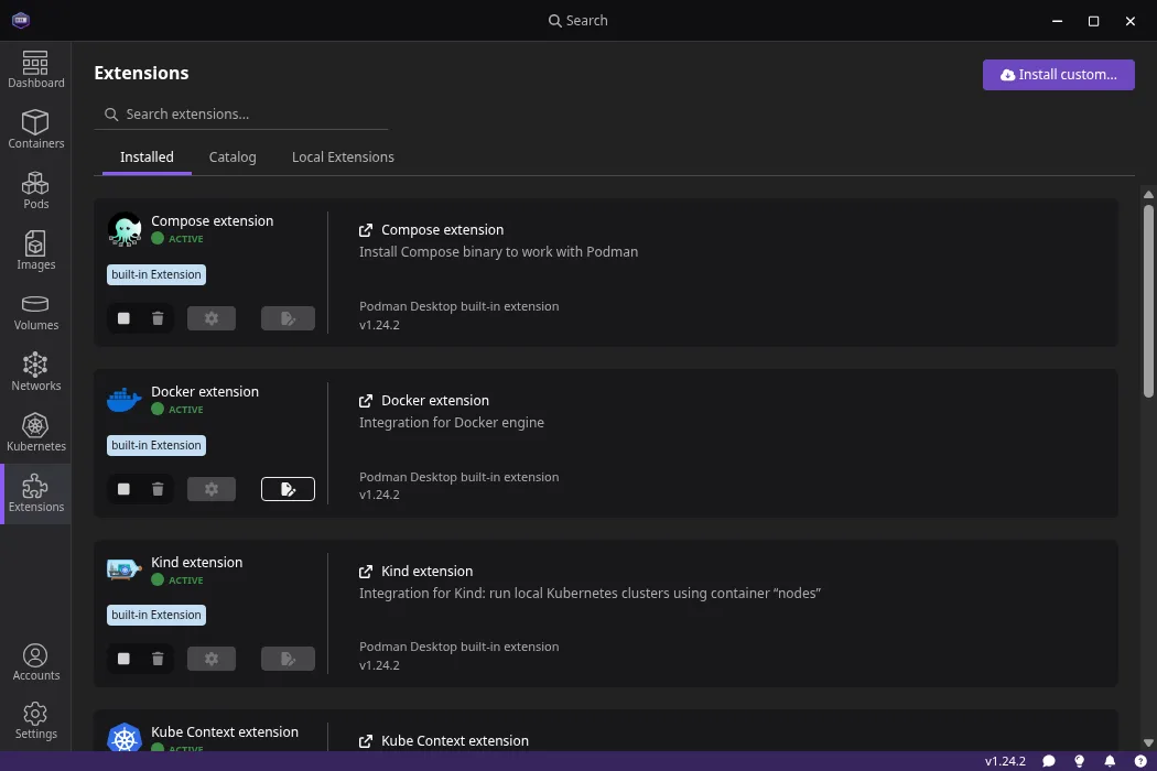 Podman Desktop extensions page