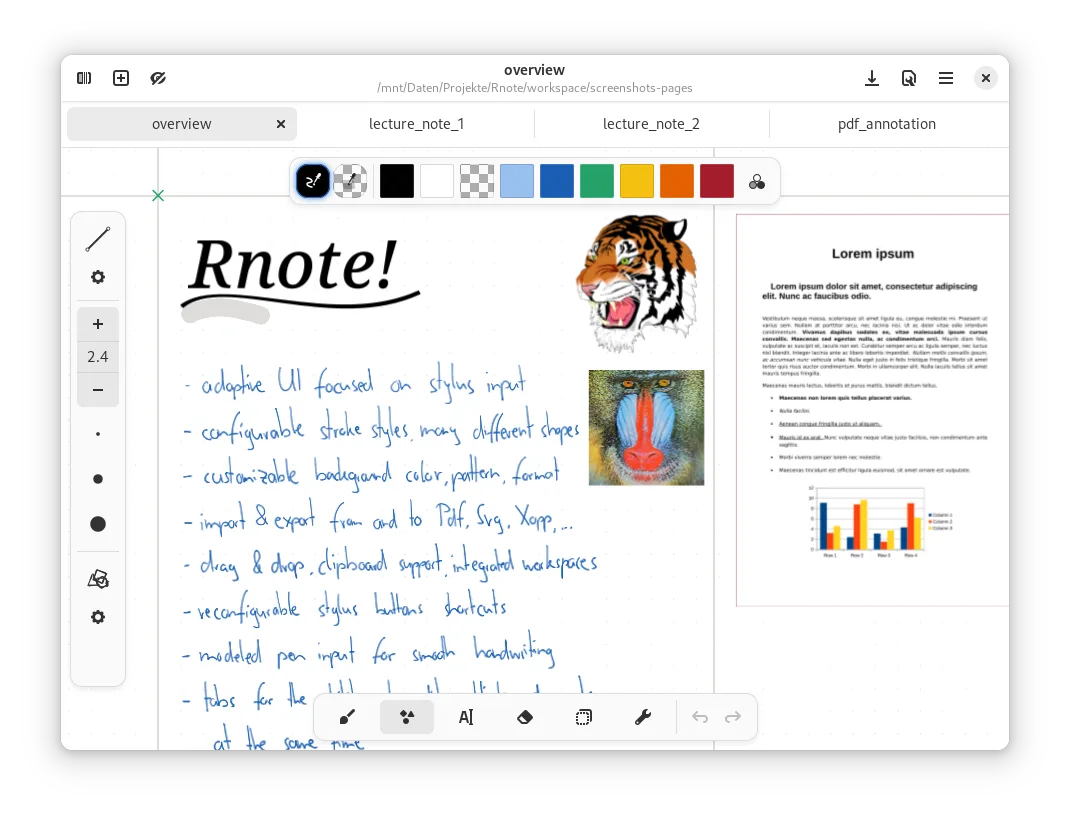 Rnote handwritten notes across several tabs