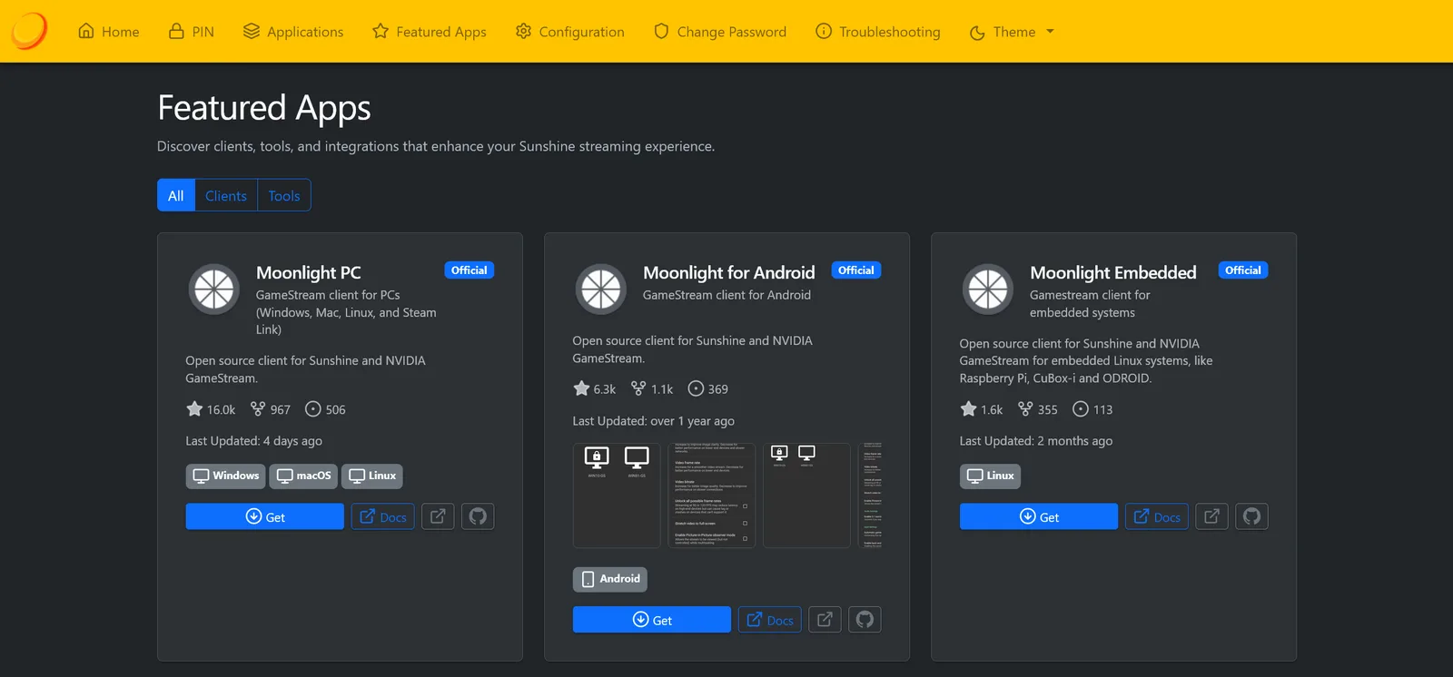 Sunshine web UI featured apps page