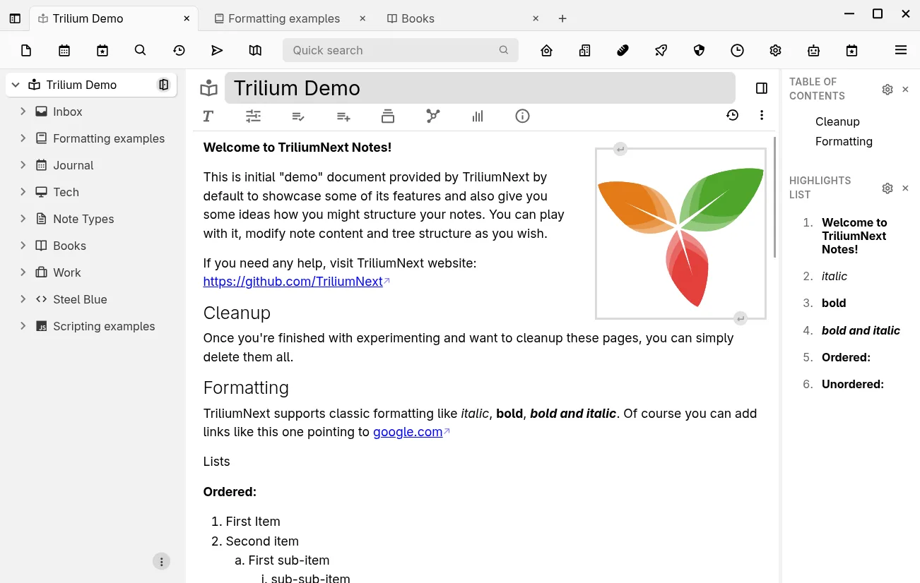 Trilium Notes demo document with note tree