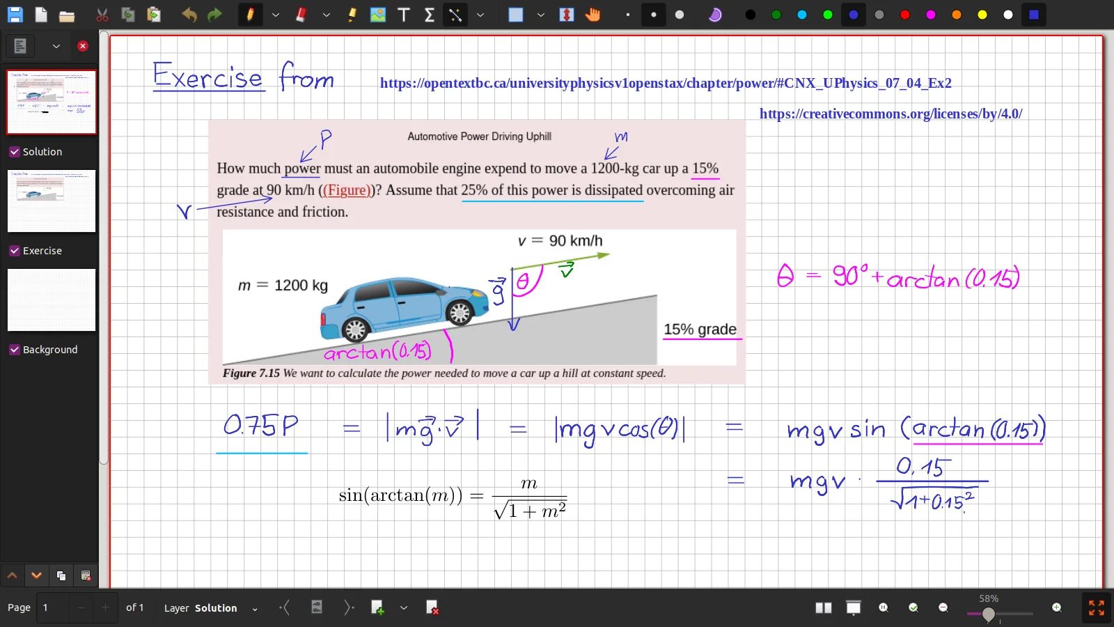 Xournal++ handwritten notes on a physics exercise