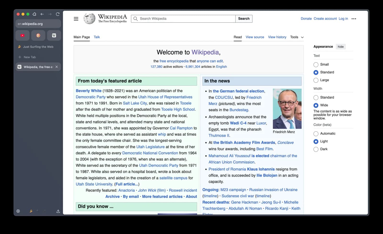 Zen Browser with vertical tabs showing Wikipedia