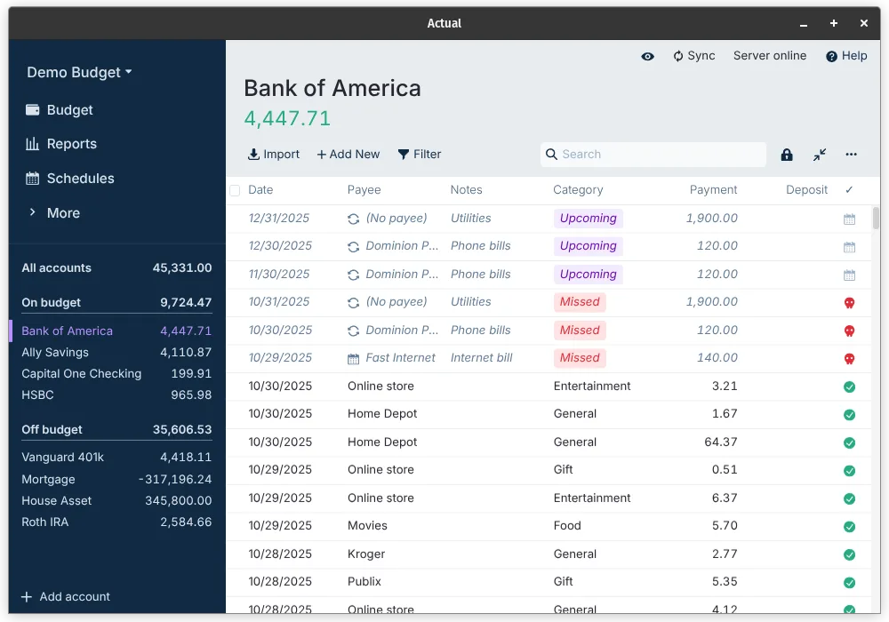 Actual Budget account transactions view