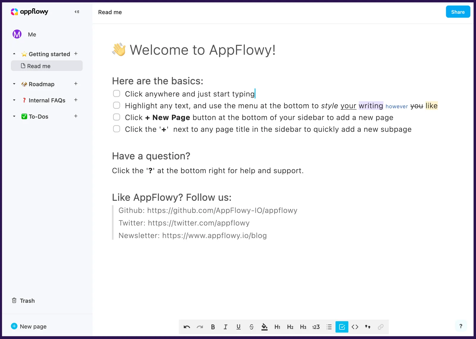 AppFlowy welcome page with a getting-started checklist