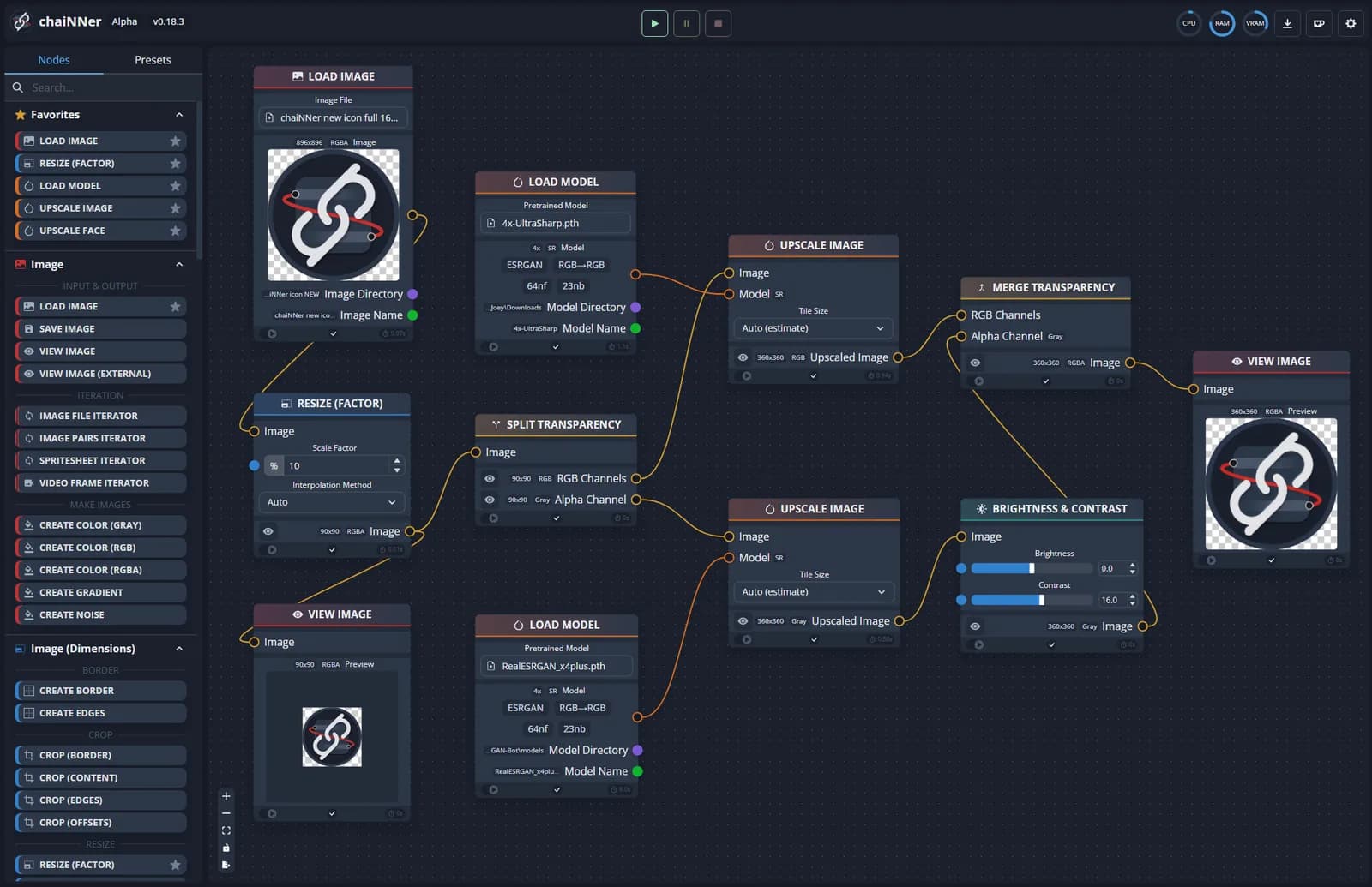 chaiNNer node graph for upscaling images