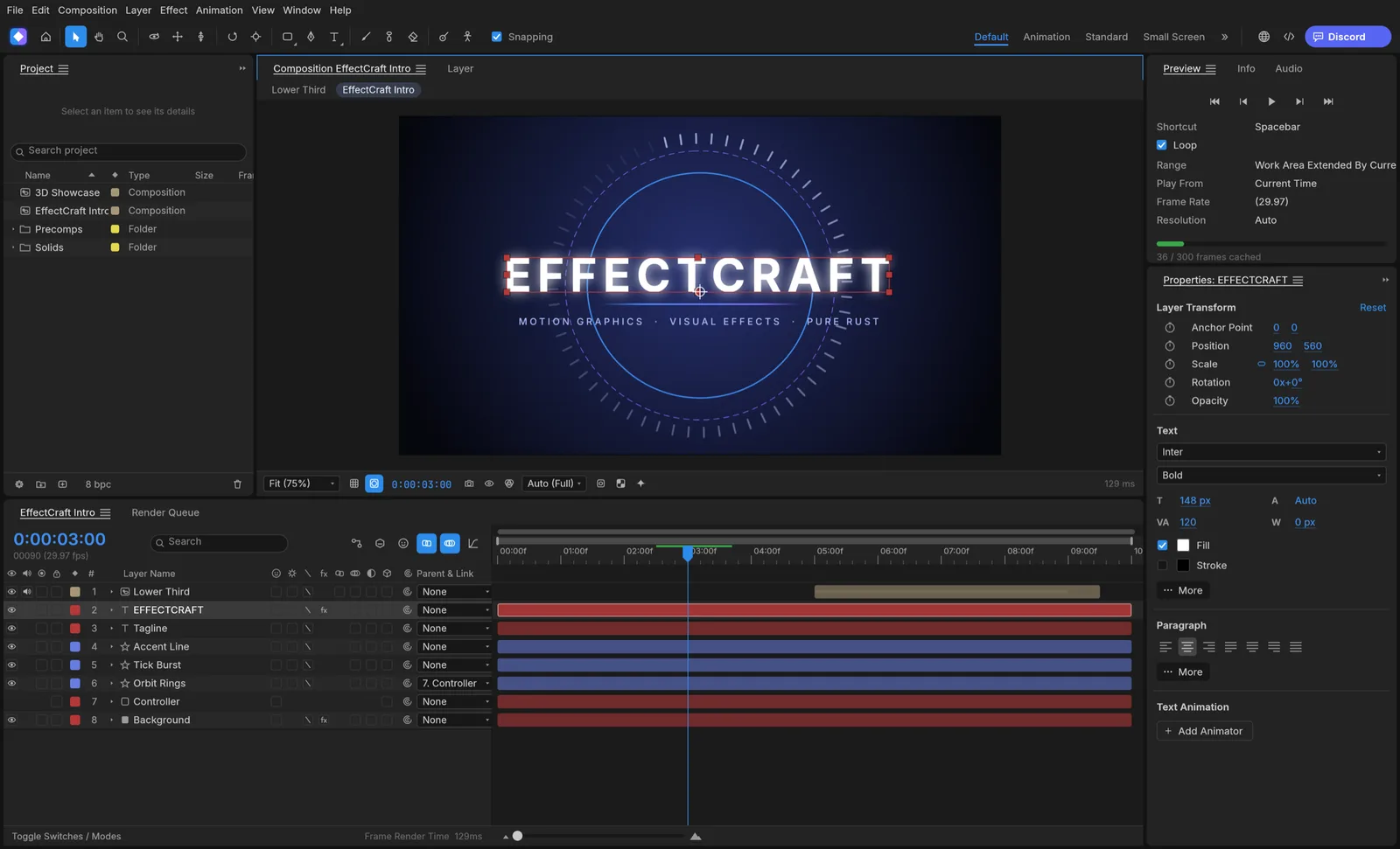 EffectCraft motion graphics composition and timeline
