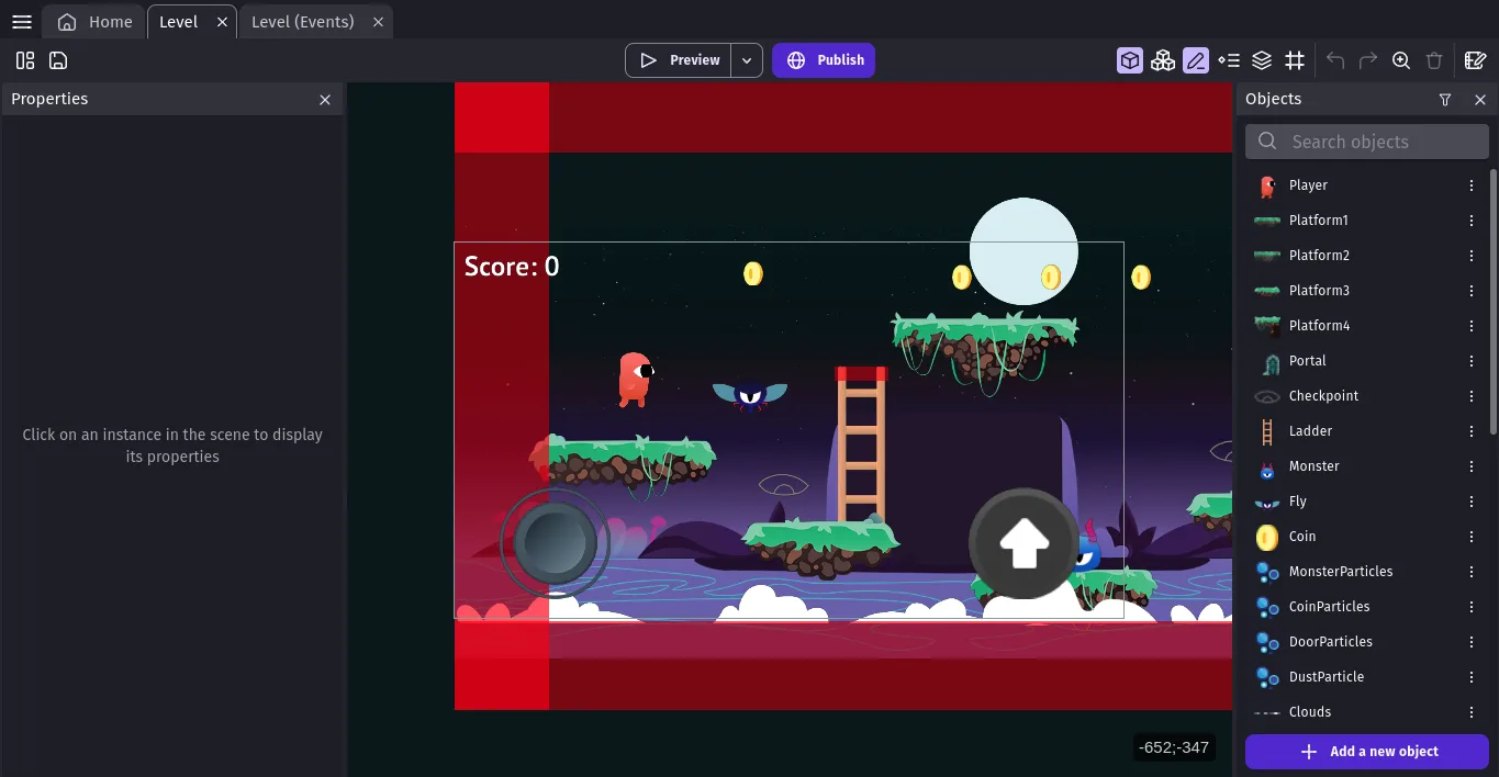 GDevelop editing a 2D platformer level