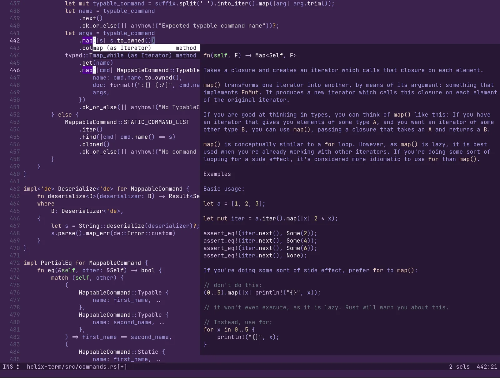Helix editing Rust code with documentation popup