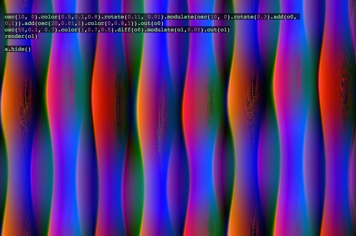 Hydra live-coded visuals with code overlay
