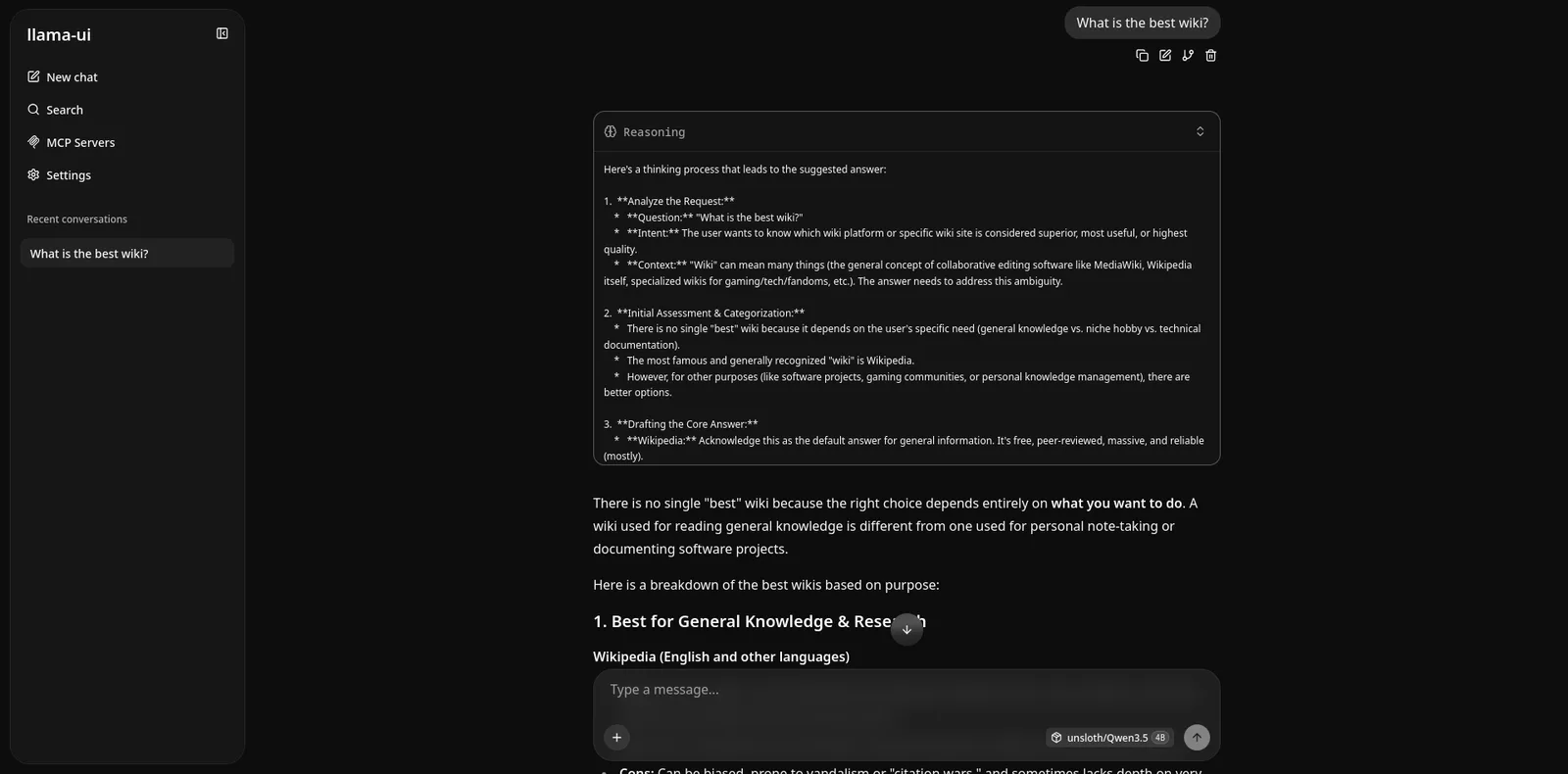 llama.cpp web UI chatting with a reasoning model