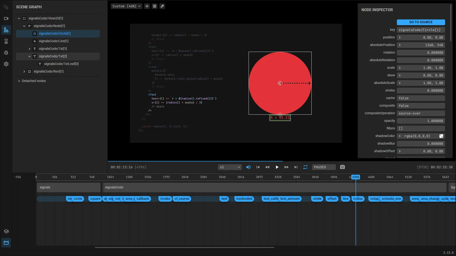 Motion Canvas editor with scene graph and timeline