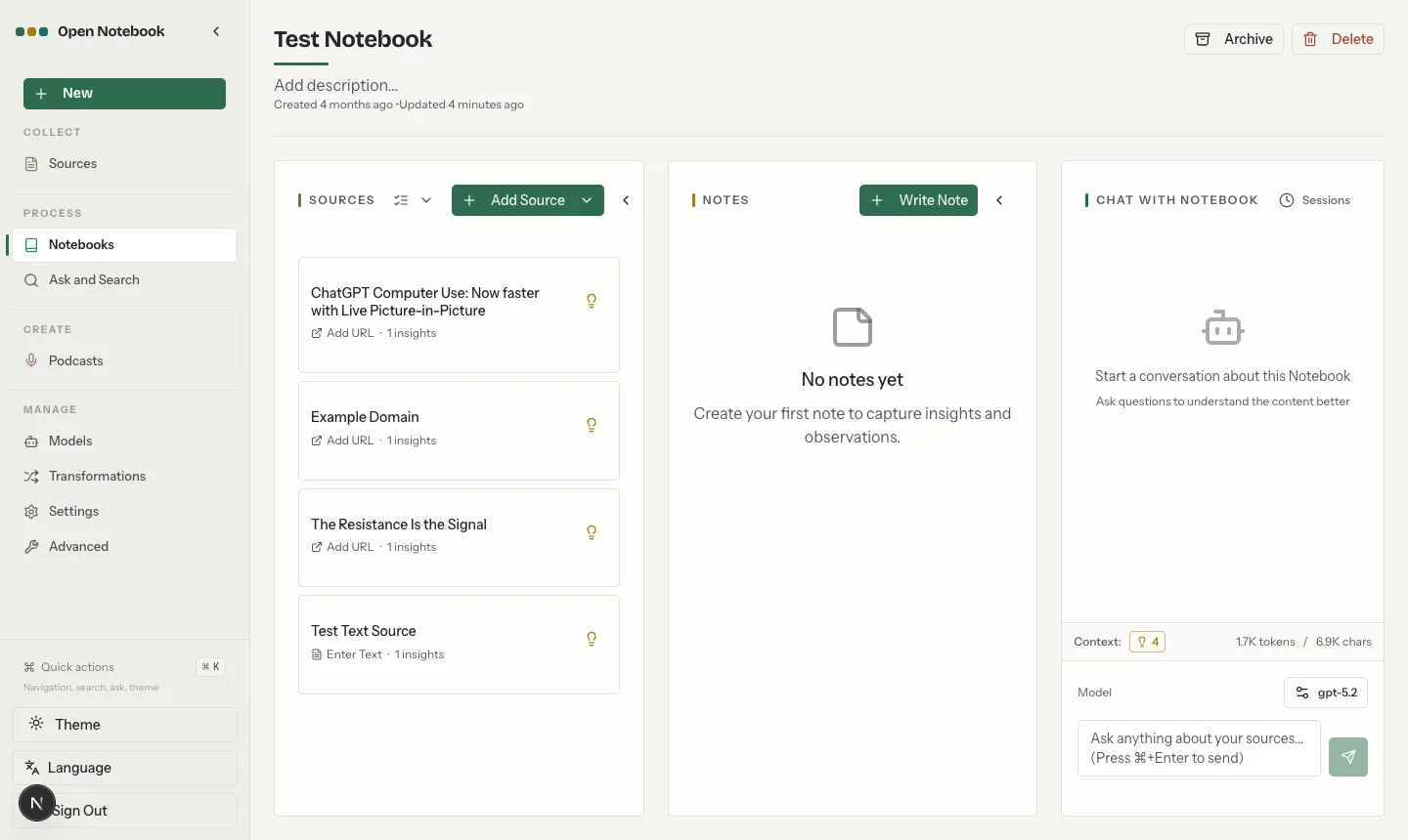 Open Notebook notebook with sources and chat