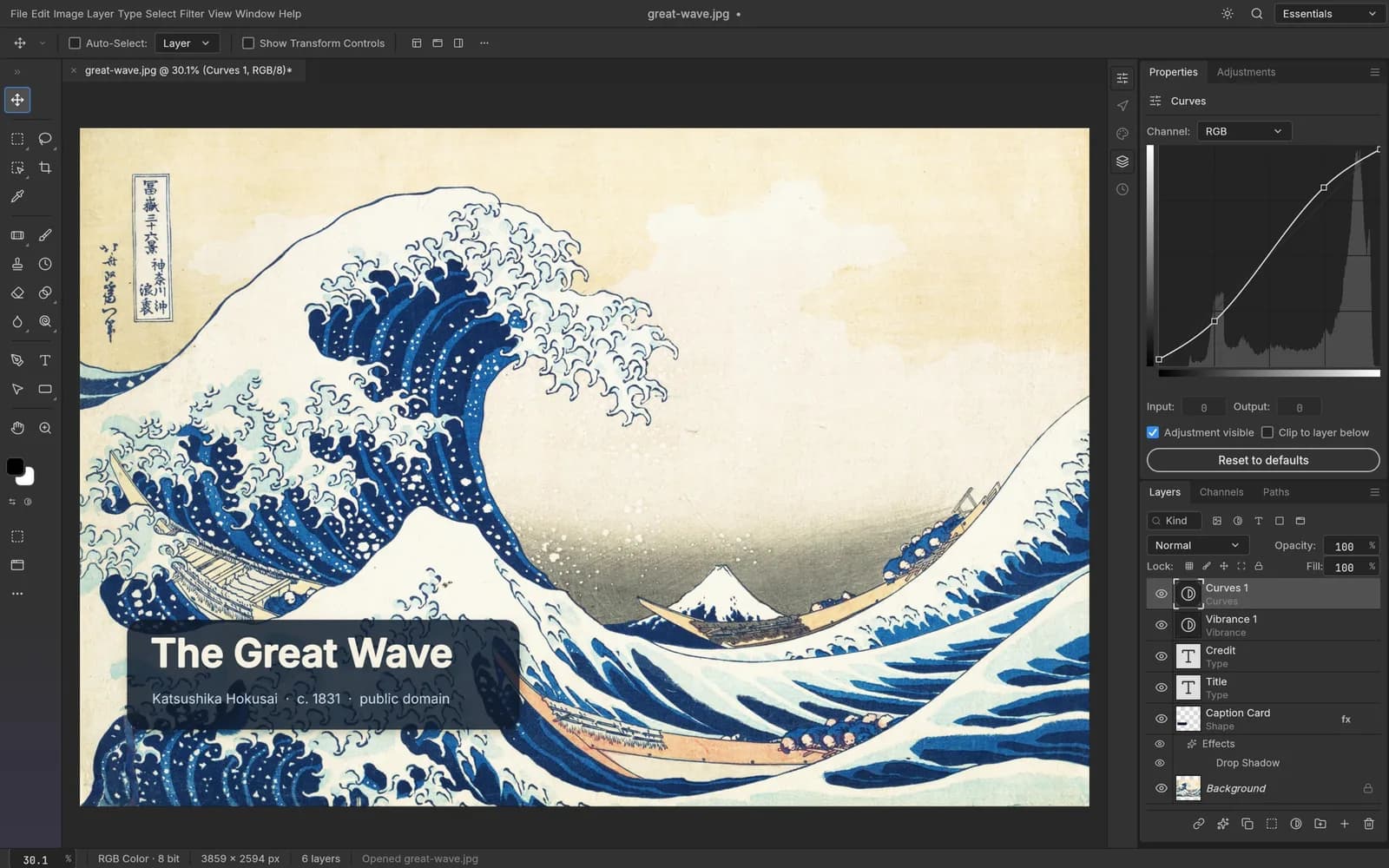 PhotoCraft editing The Great Wave with layers and curves