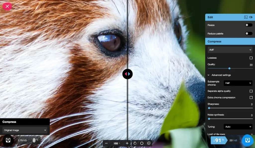 Squoosh comparing compression settings on a photo