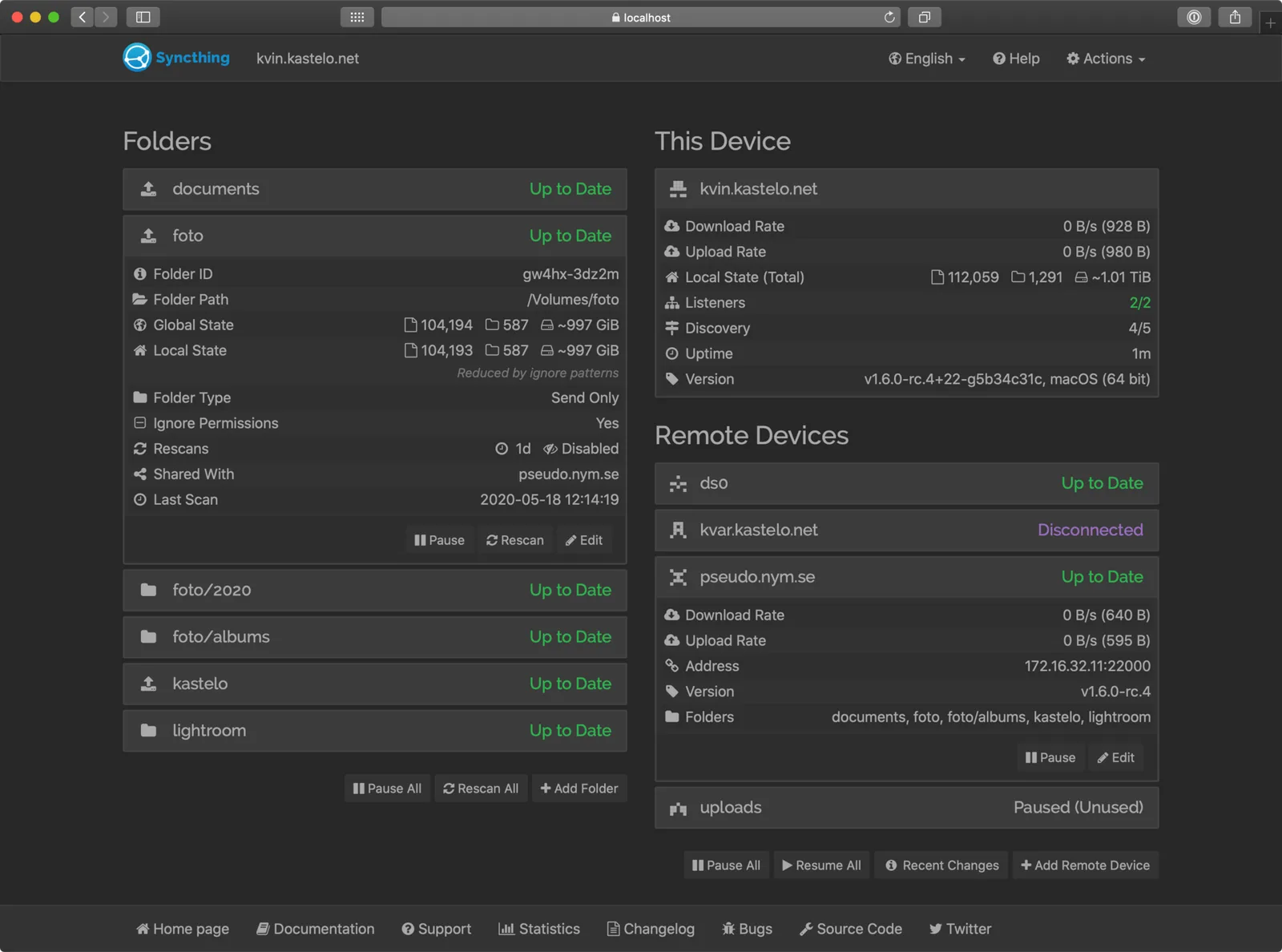 Syncthing web GUI with folders and devices