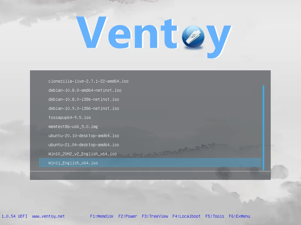 Ventoy boot menu listing ISO files